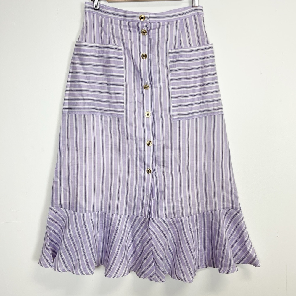 NEW Sandro Midi Skirt Womens FR 38 US 6 Lilac Purple Striped Ruffle Hem